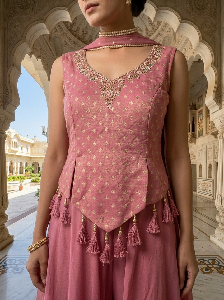 Neerus Pink tissue thread embroidered suit set - detail view 1