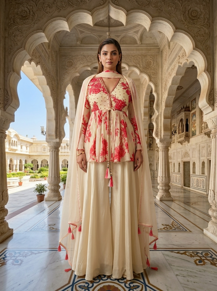 Neerus Beige georgette embellished suit set - front view