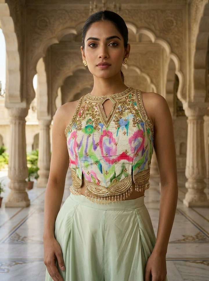 Neerus Green crepe embellished suit set - back view