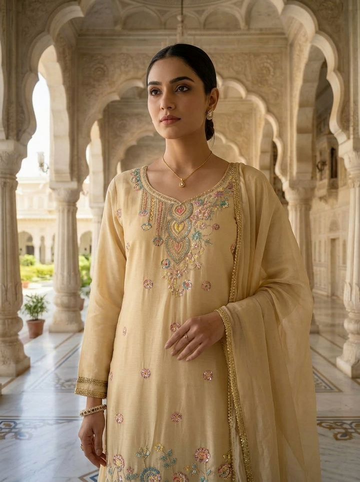 Neerus Beige Chinon embellished suit set - detail view 1