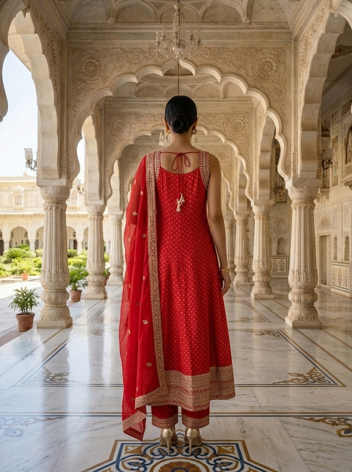 Neerus Maroon silk hand embroidered suit set - side view
