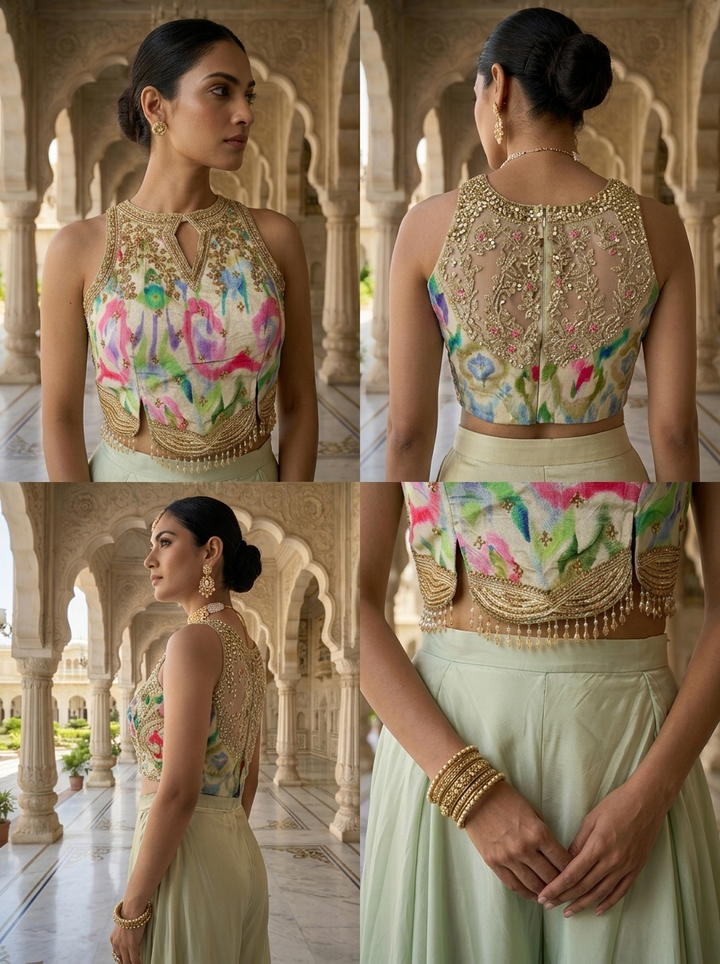 Neerus Green crepe embellished suit set - side view