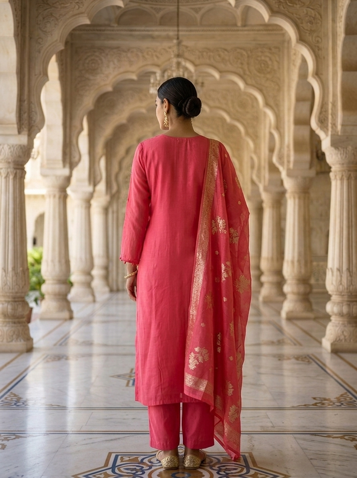 Neerus Pink muslin embellished suit set - detail view 1