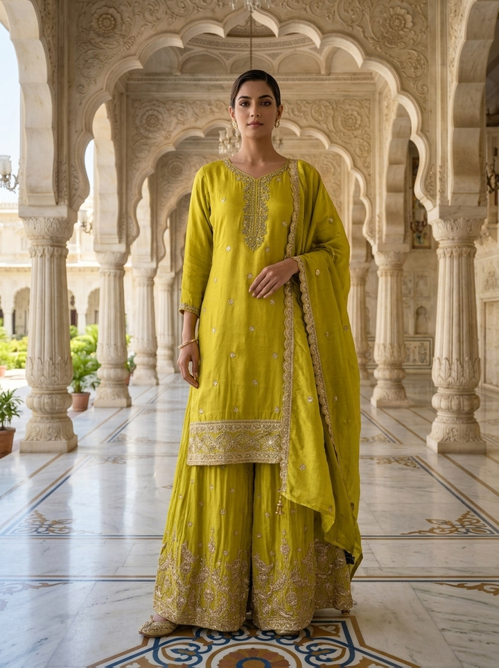 Neerus Green tissue embellished suit set - front view