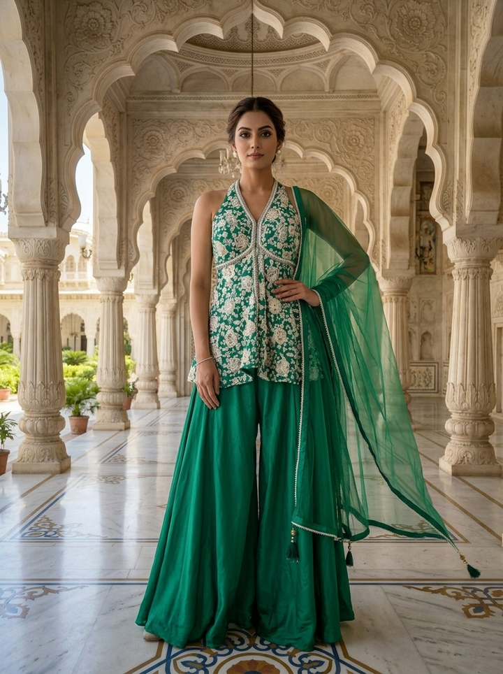 Green Crepe Heavy Floral Sequins And Thread Embroidery Kurti And Palazzo Set