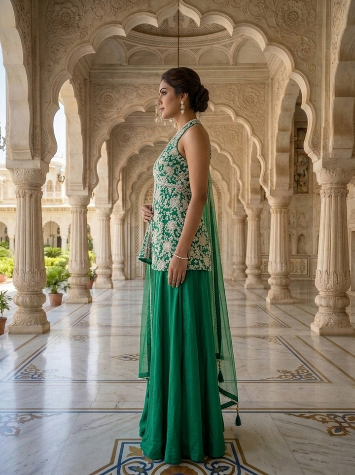 Green Crepe Heavy Floral Sequins And Thread Embroidery Kurti And Palazzo Set