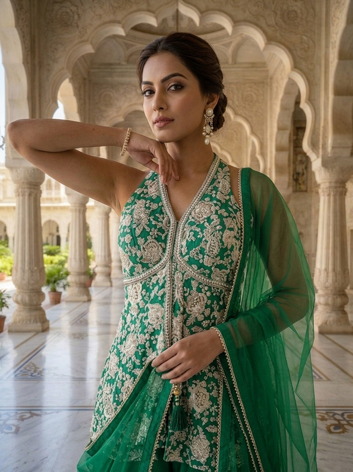 Green Crepe Heavy Floral Sequins And Thread Embroidery Kurti And Palazzo Set
