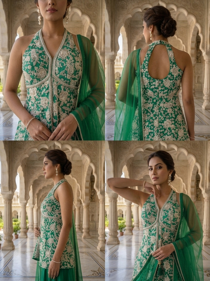 Green Crepe Heavy Floral Sequins And Thread Embroidery Kurti And Palazzo Set