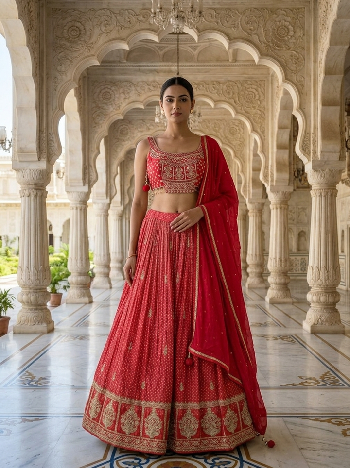 Neerus Pink tissue embroidered lehenga set - front view