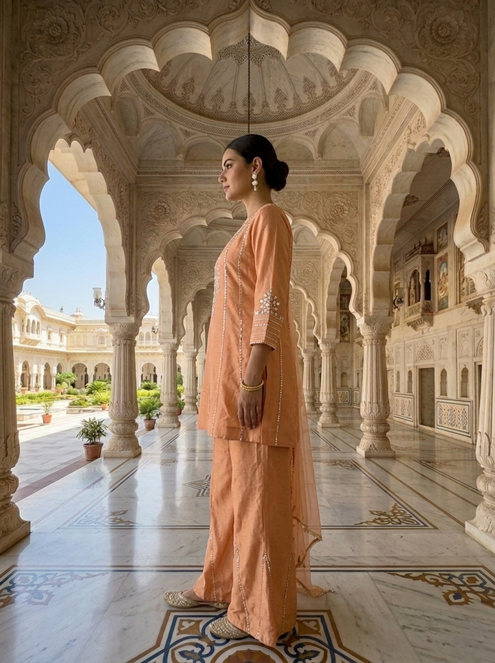 Neerus Orange tissue mirror work suit set - back view