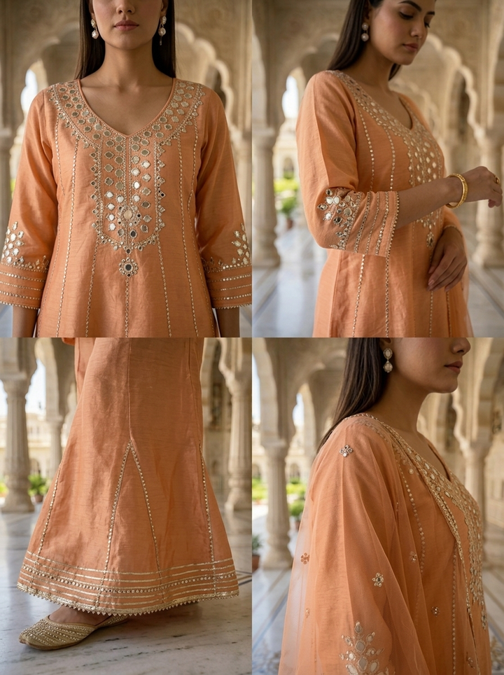 Neerus Orange tissue mirror work suit set - detail view 2