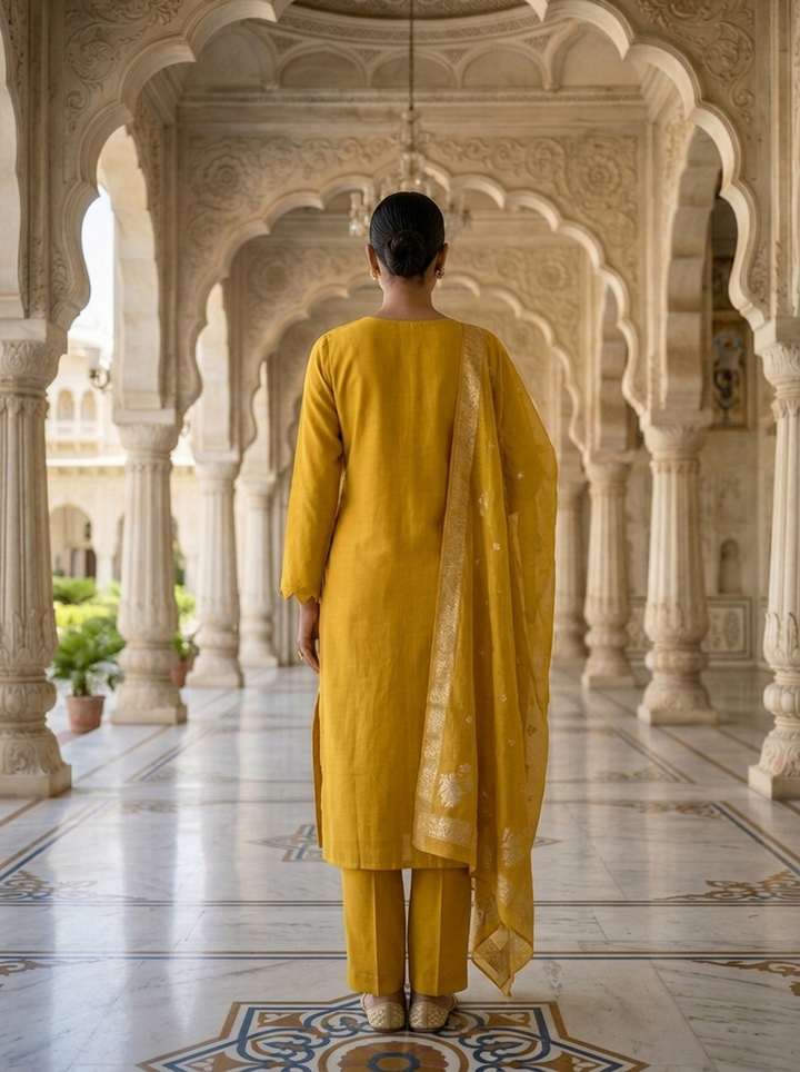 Neerus Yellow muslin embellished suit set - side view