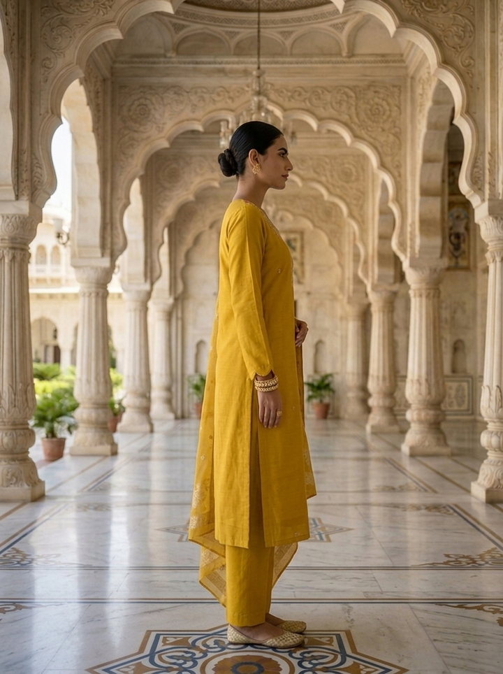 Neerus Yellow muslin embellished suit set - back view