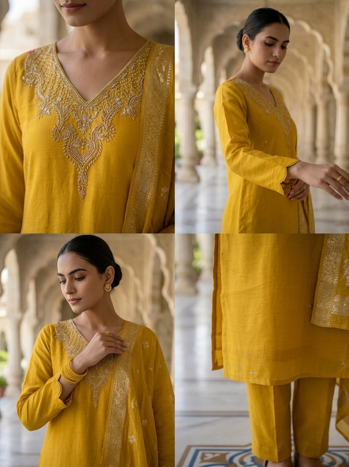 Neerus Yellow muslin embellished suit set - detail view 2