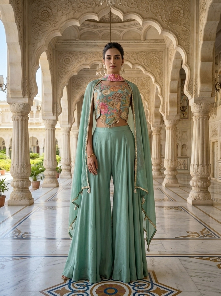 Neerus Green crepe embellished suit set - front view