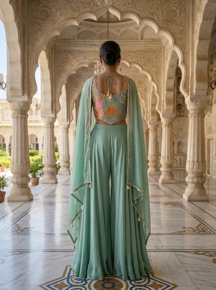 Neerus Green crepe embellished suit set - side view