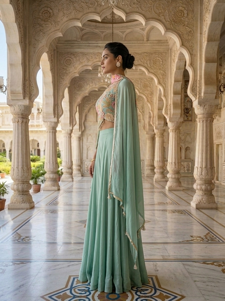 Neerus Green crepe embellished suit set - back view