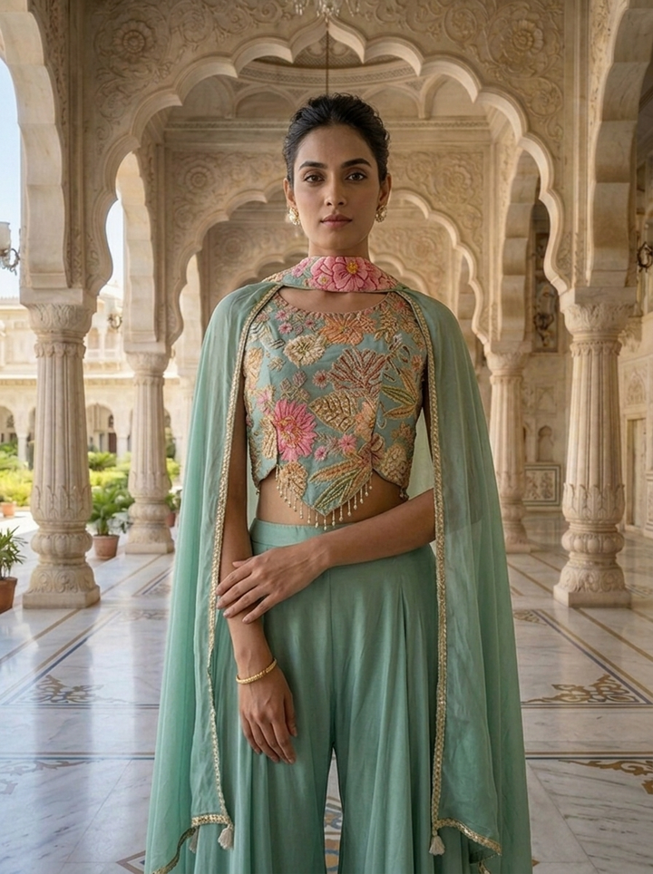Neerus Green crepe embellished suit set - detail view 1