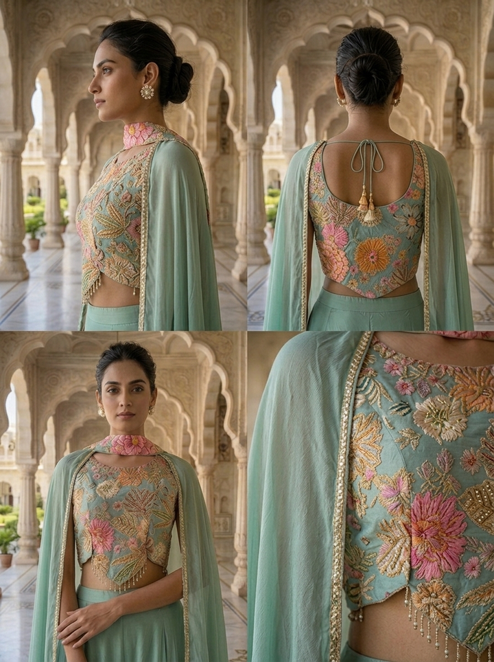 Neerus Green crepe embellished suit set - detail view 2