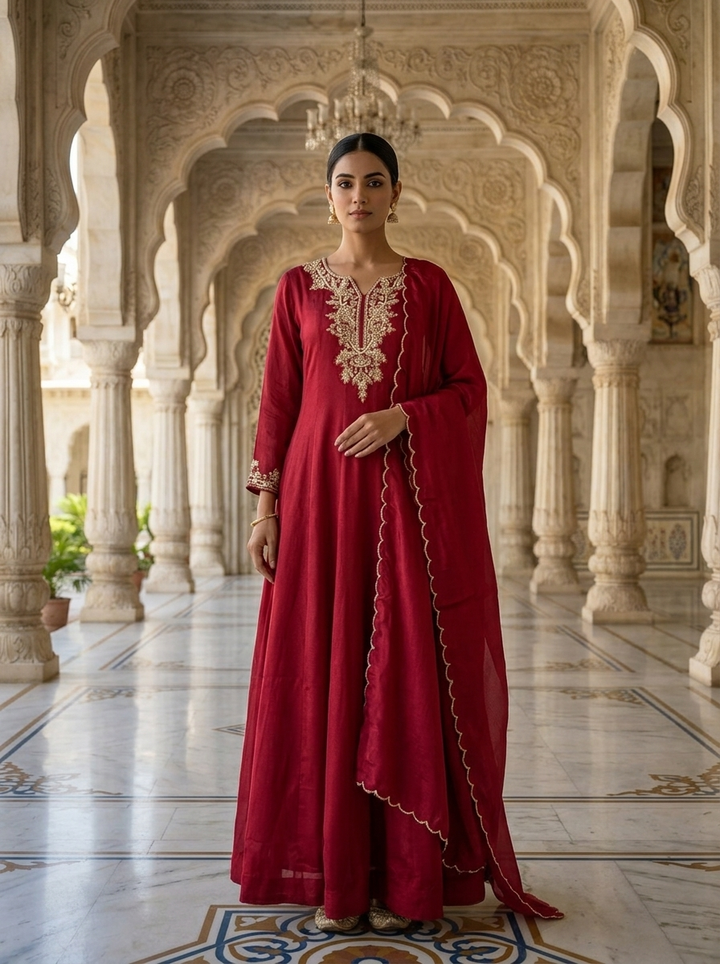 Maroon Chinon Beads And Stone Embroidered Anarkali With Dupatta