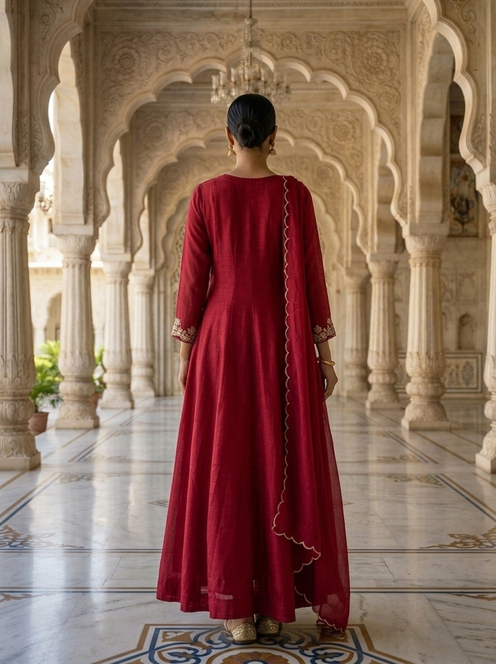 Maroon Chinon Beads And Stone Embroidered Anarkali With Dupatta