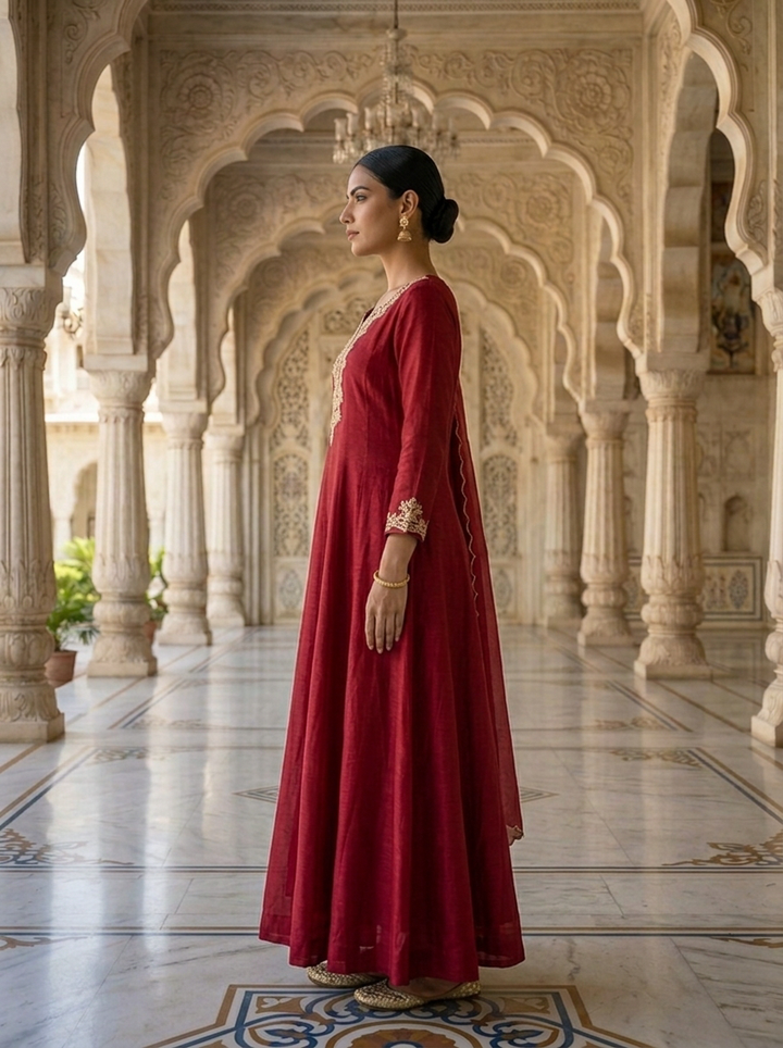 Maroon Chinon Beads And Stone Embroidered Anarkali With Dupatta