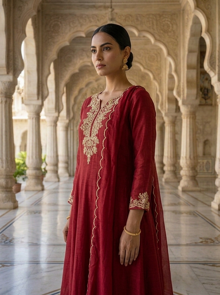 Maroon Chinon Beads And Stone Embroidered Anarkali With Dupatta