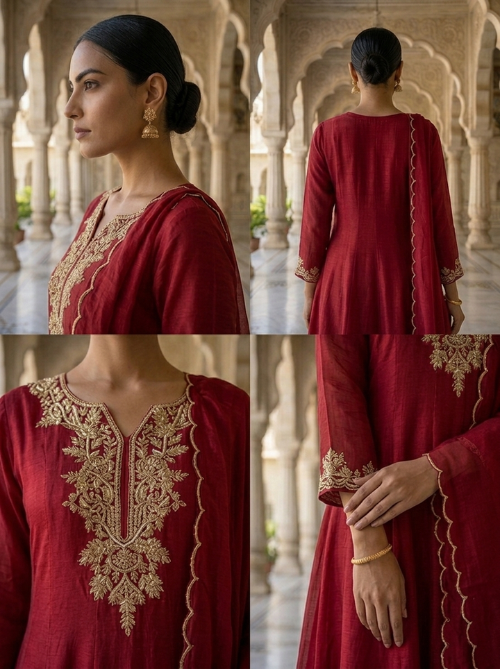 Maroon Chinon Beads And Stone Embroidered Anarkali With Dupatta