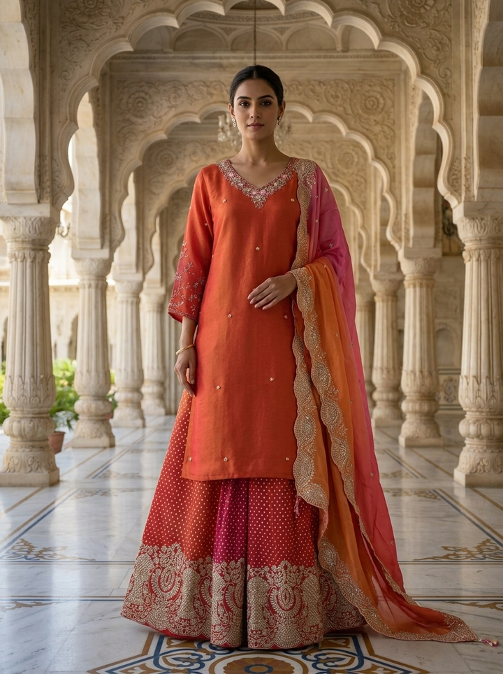 Neerus Red tissue embroidered suit set - front view