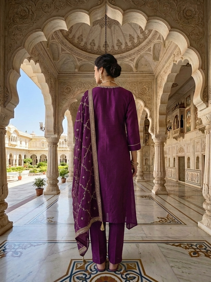 Neerus Maroon silk thread embroidered suit set - side view