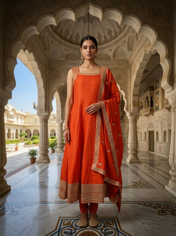 Neerus Orange silk hand embroidered suit set - front view