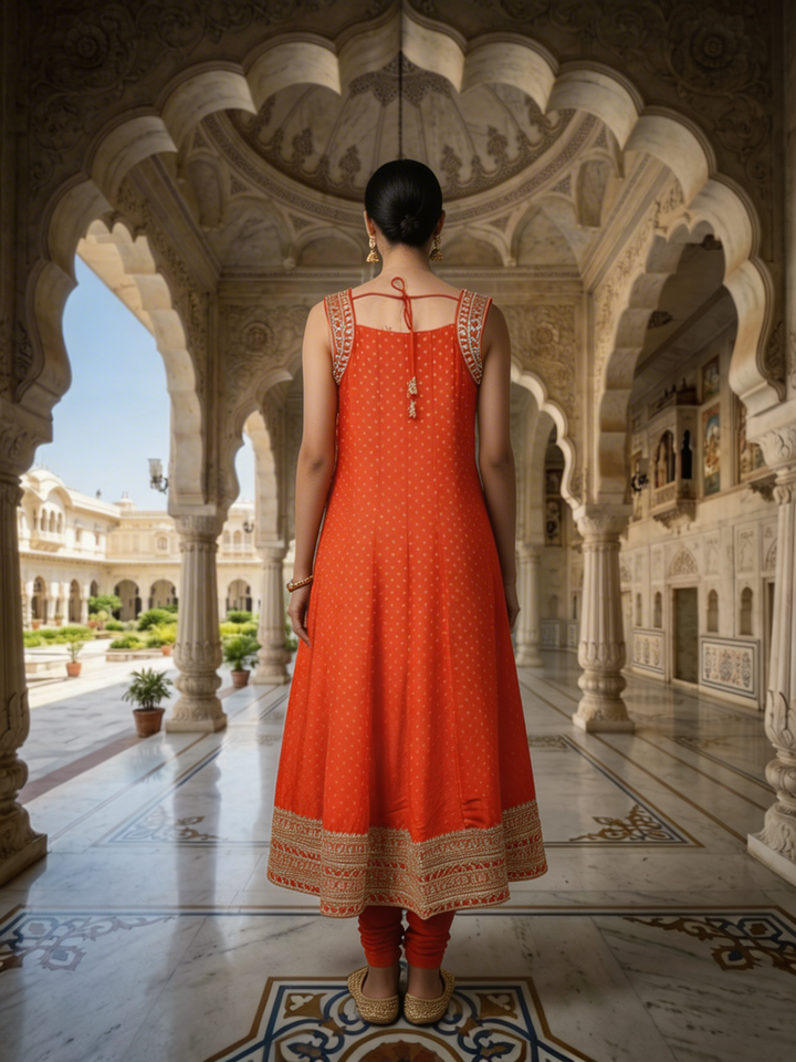 Neerus Orange silk hand embroidered suit set - side view