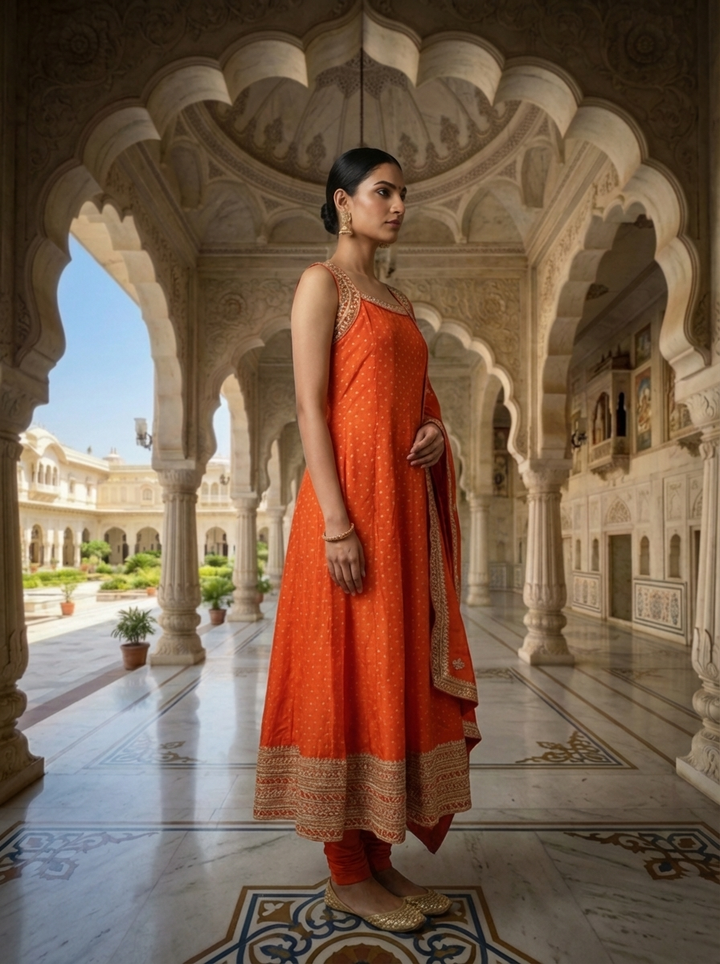 Neerus Orange silk hand embroidered suit set - back view