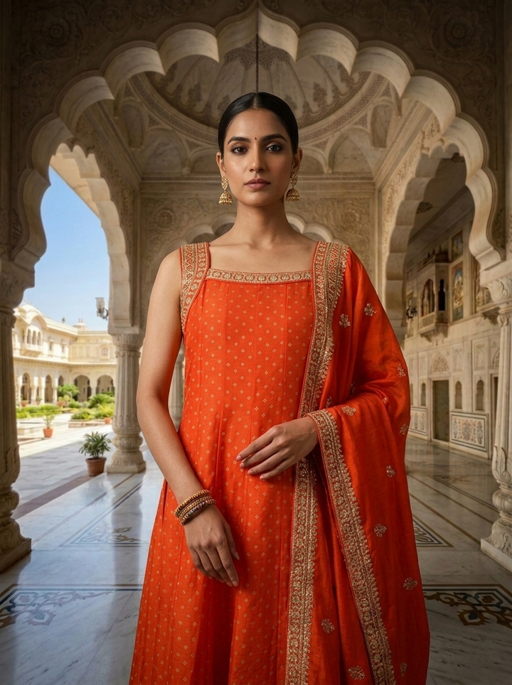 Neerus Orange silk hand embroidered suit set - detail view 1