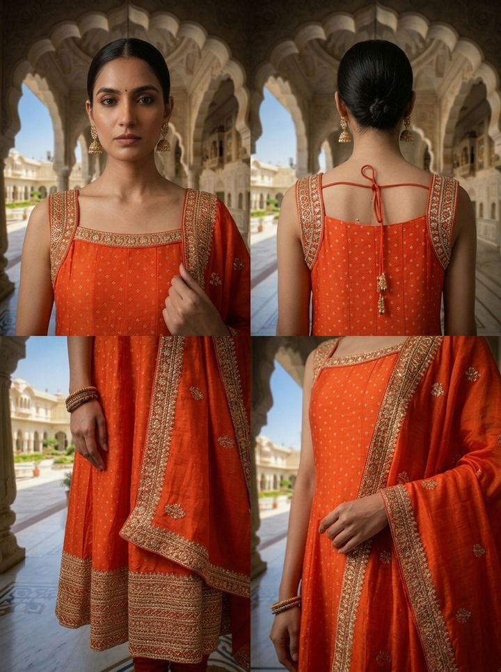 Neerus Orange silk hand embroidered suit set - detail view 2