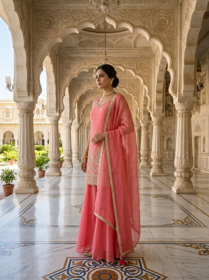 Neerus Pink tissue embellished suit set floral beadwork - back view