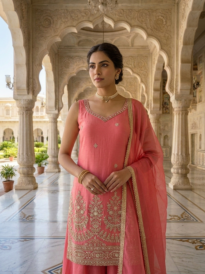 Neerus Pink tissue embellished suit set floral beadwork - detail view 1