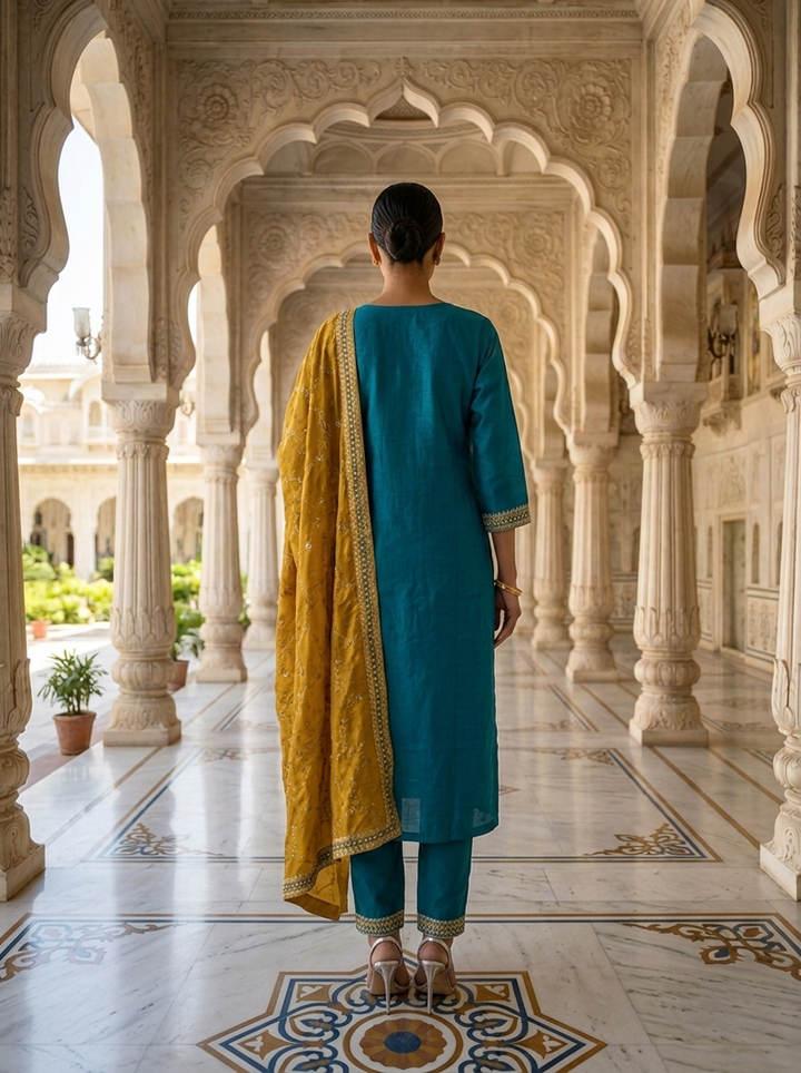 Neerus Blue silk embellished suit set - side view