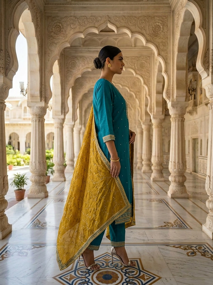 Neerus Blue silk embellished suit set - back view
