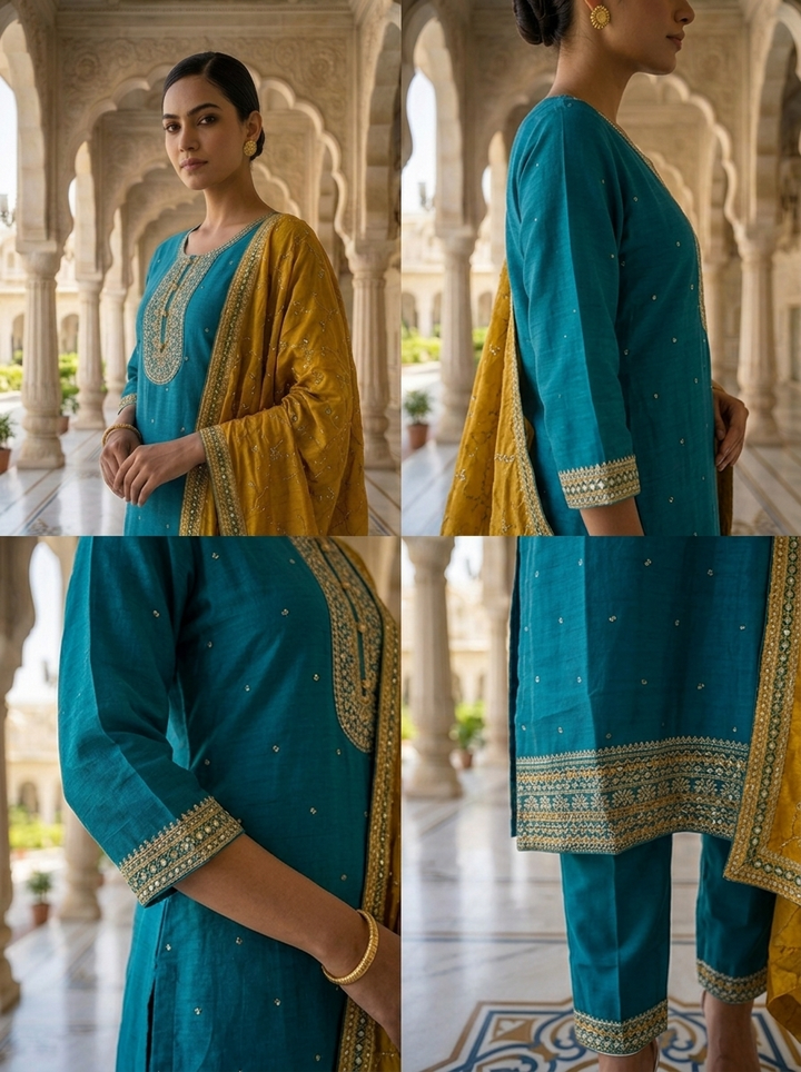 Neerus Blue silk embellished suit set - detail view 2