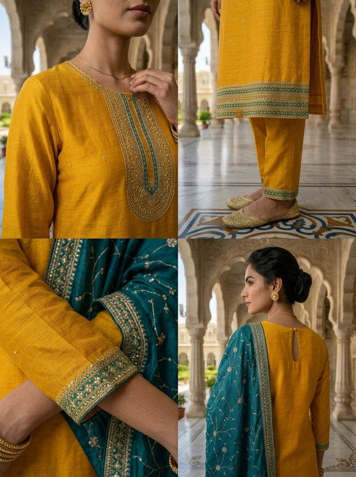 Neerus Yellow silk embellished suit set - detail view 2