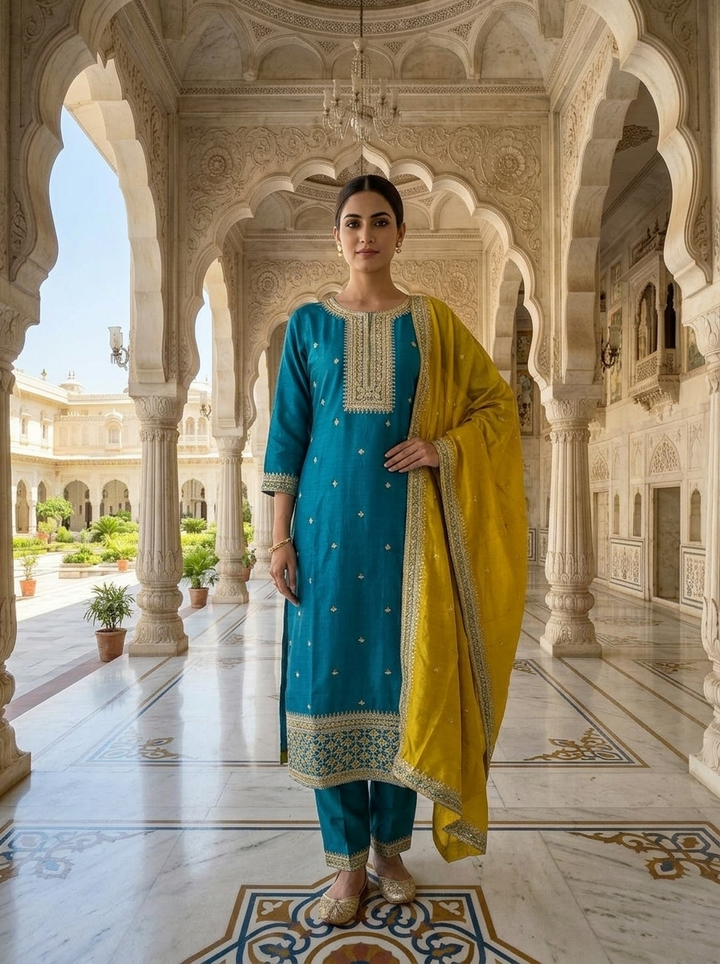 Ferozi Silk Aari And Floral Thread Embroidery Three Piece Set