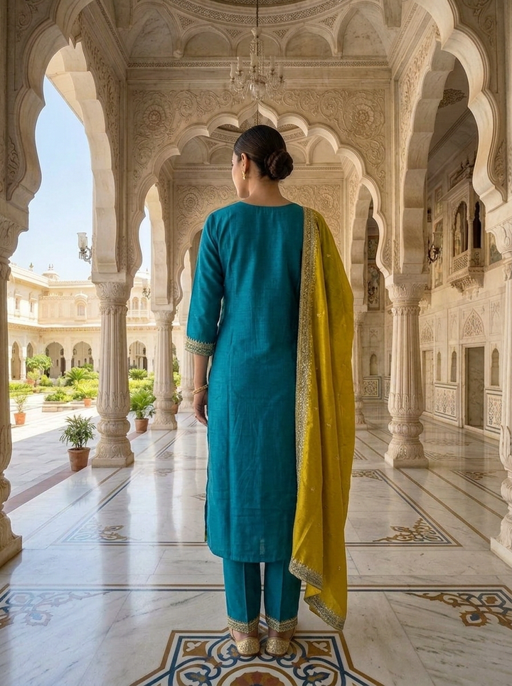 Ferozi Silk Aari And Floral Thread Embroidery Three Piece Set