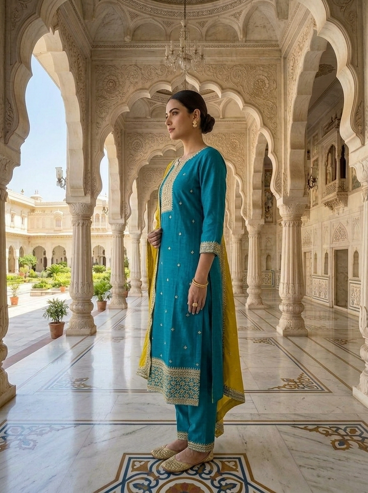 Ferozi Silk Aari And Floral Thread Embroidery Three Piece Set