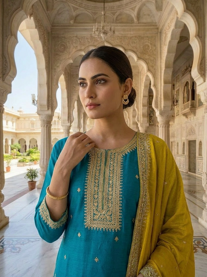 Ferozi Silk Aari And Floral Thread Embroidery Three Piece Set