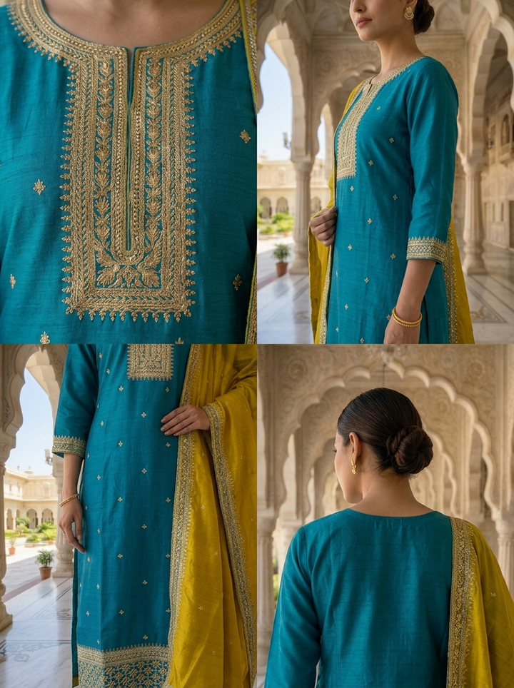 Ferozi Silk Aari And Floral Thread Embroidery Three Piece Set