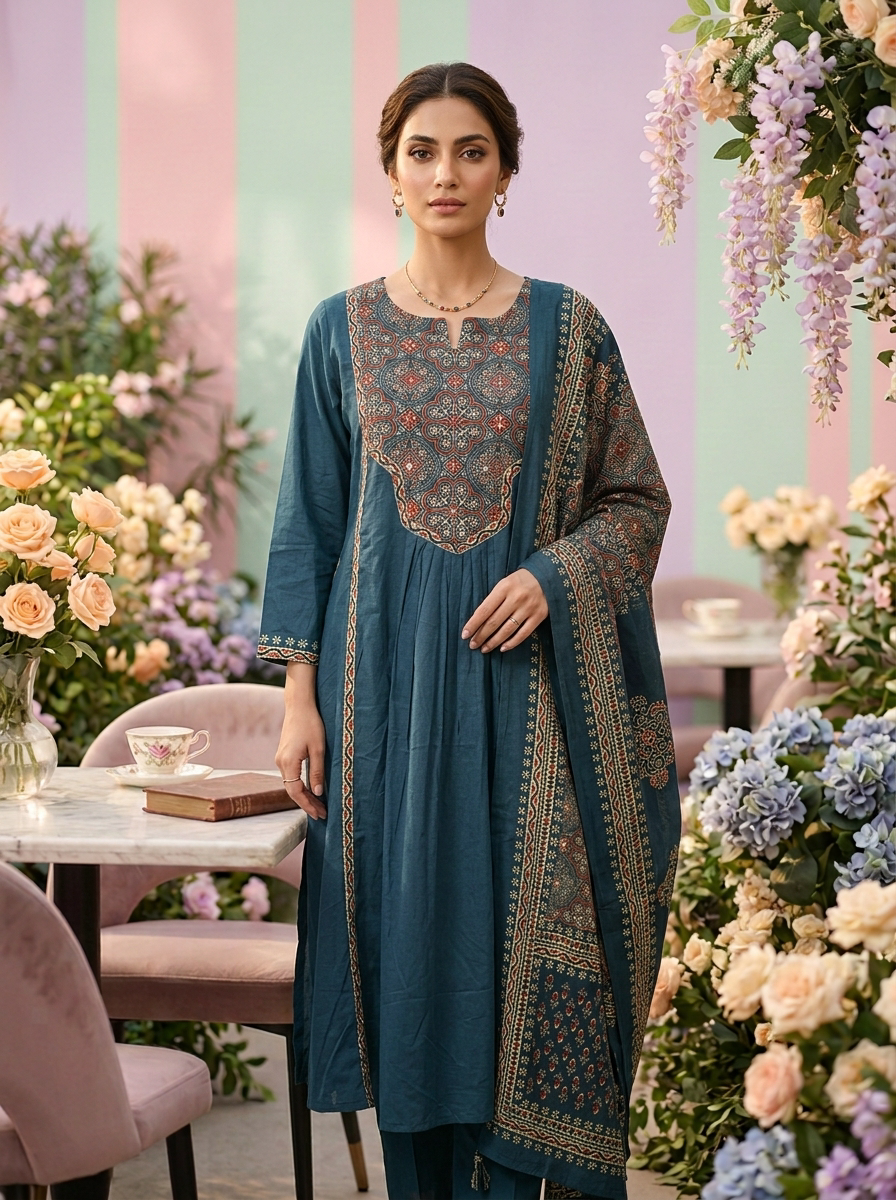 Neerus Green cotton thread embroidered suit set - front view