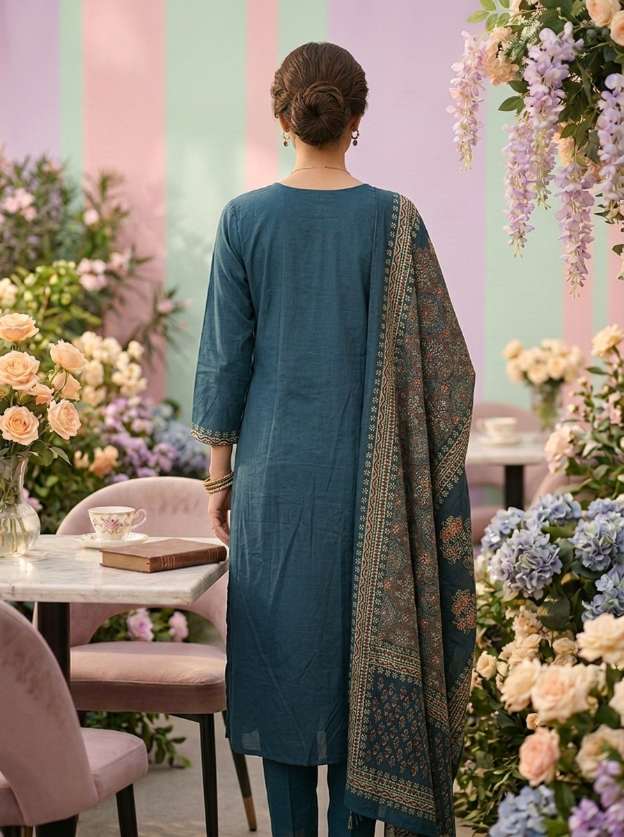 Neerus Green cotton thread embroidered suit set - side view