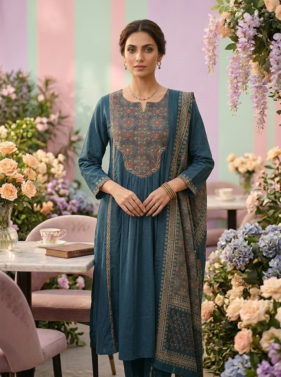 Neerus Green cotton thread embroidered suit set - detail view 1