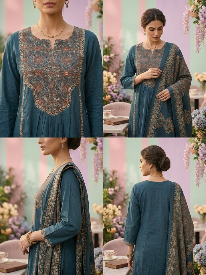 Neerus Green cotton thread embroidered suit set - detail view 2